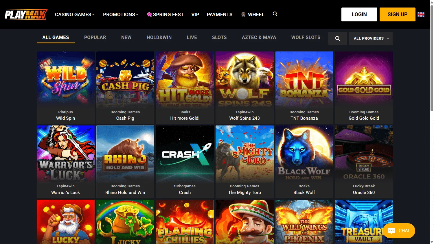 Playmax Casino game selection on desktop